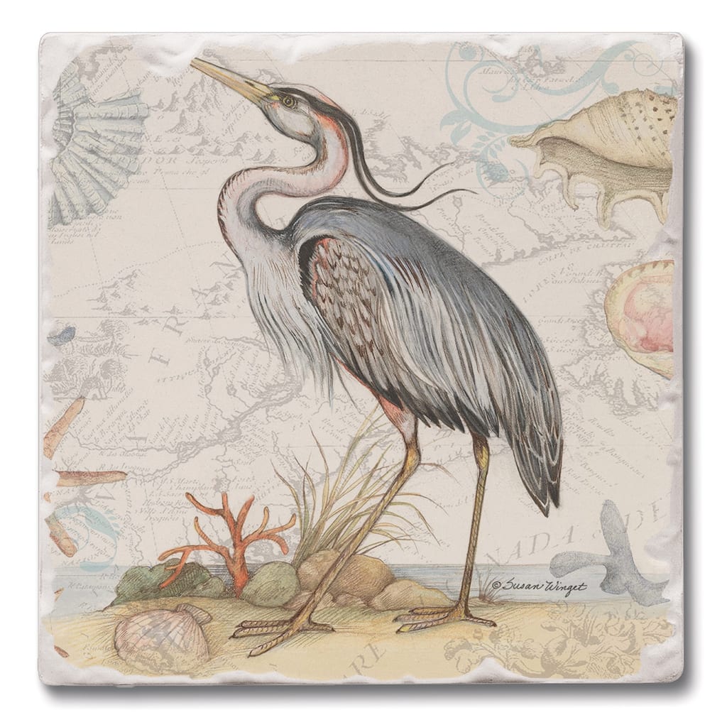 Counterart Absorbent Stone Coasters - Shoreline Blue Heron - Set of 4 - 4x4x1.206