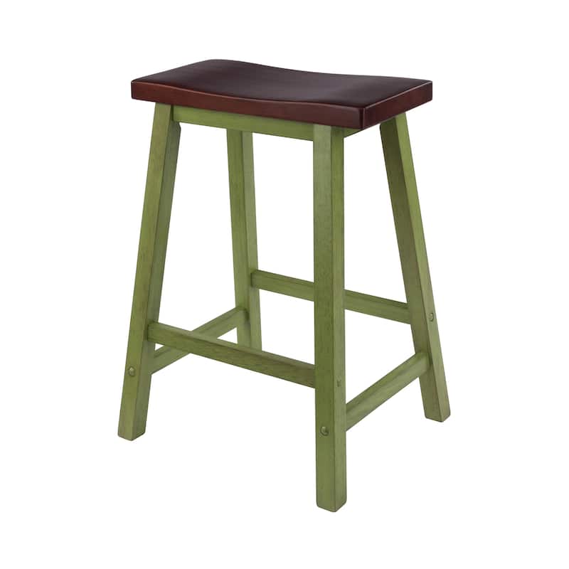 Satori Saddle Seat 24" Counter Stool, Rustic Green and Walnut - N/A