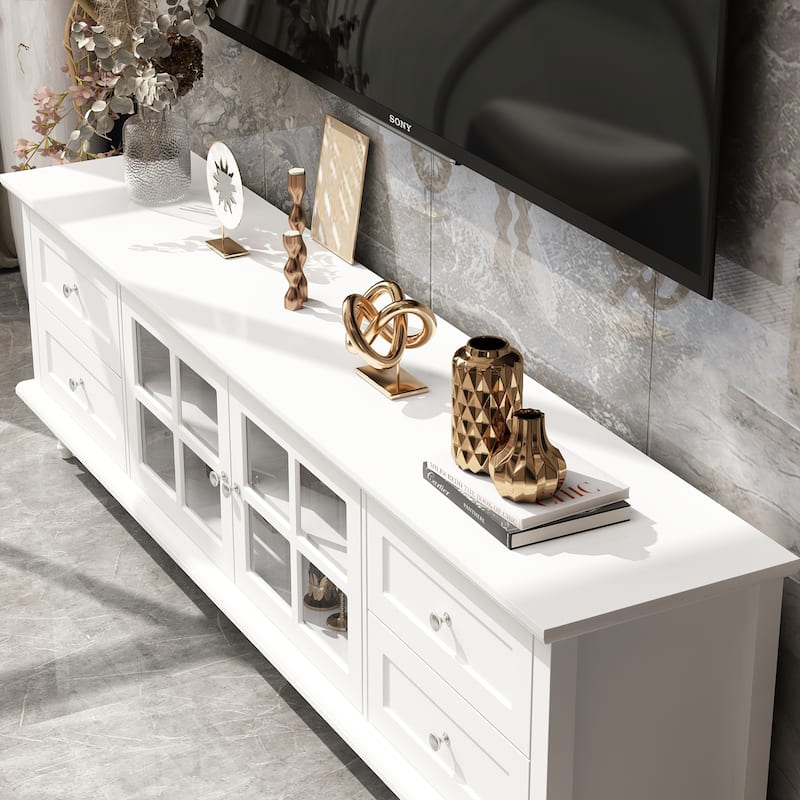 Modern White TV Stand w/Glass Doors and Drawers Entertainment Console - 70.9"