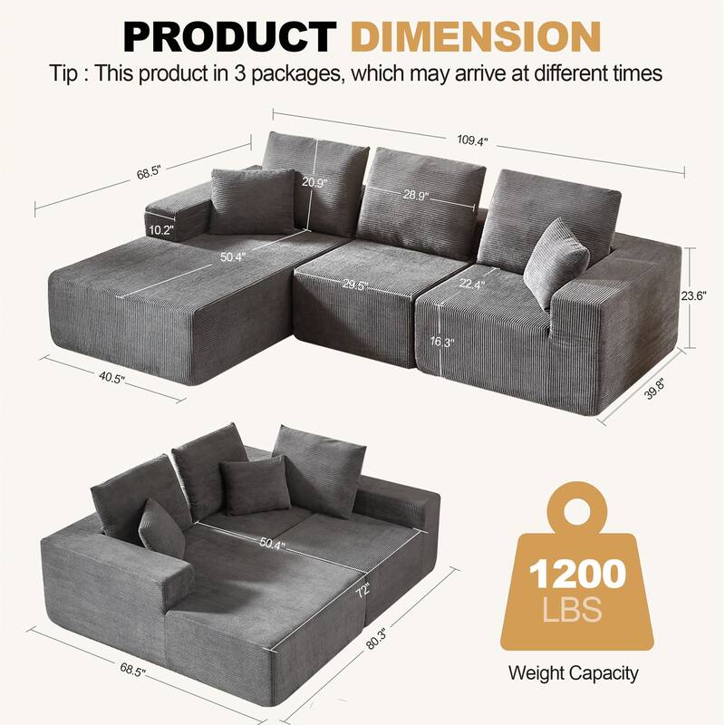 Modular Sectional Sofa with L Shape Chaise Lounge, Corduroy Upholstered 3 Seater Sofa, Deep Seat Cloud Sofa with Pillows - Dark Gray