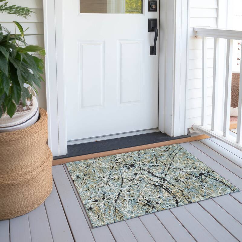 Machine Washable Indoor/ Outdoor Modern Splatter Chantille Rug - Teal - 1'8" x 2'6"