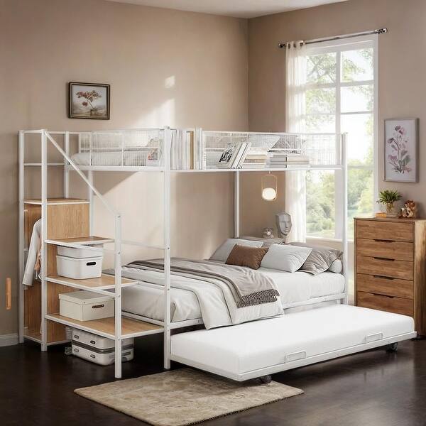 slide 2 of 24, Artsy Twin Over Full Metal Bunk Bed, Versatile Bed Configuration with Trundle and Lateral Storage Ladder and Wardrobe White