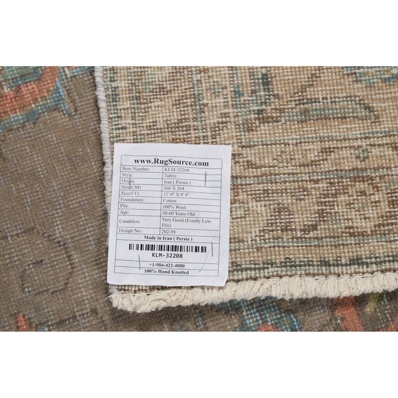 Distressed Gray Tabriz Persian Vintage Area Rug Handmade Wool Carpet - 8'8"x 12'0"