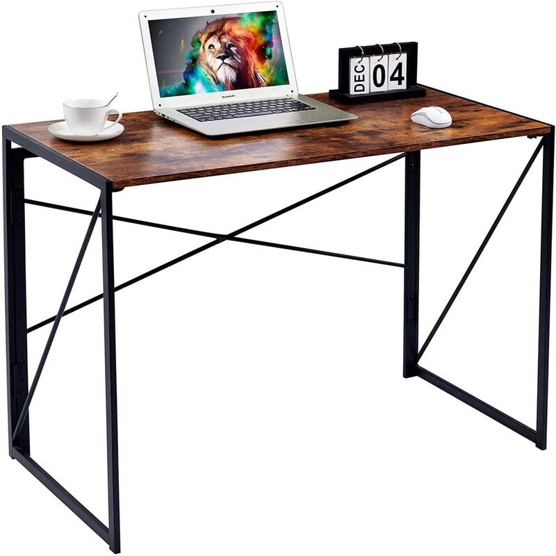 Homy Casa Modern Folding Desk with Black Metal Frame and Wood Top