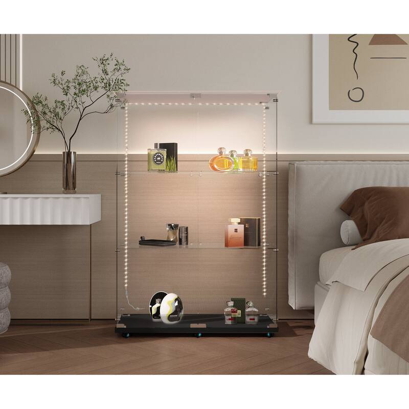 Glass Display Cabinet,Wine Cabinet,Storage Cabinet,File Cabinet, Tempered Glass Top,Bluetooth Led Light Strip,With Door Lock
