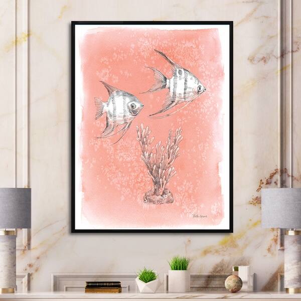 slide 2 of 7, Designart "Coastal Sea Life III fish sketches" Nautical & Coastal Framed Canvas - Pink 16 in. wide x 32 in. high - Black