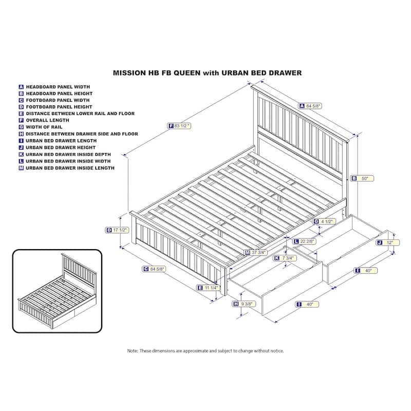 Mission Queen Platform Bed with Matching Foot Board with 2 Urban Bed Drawers in White