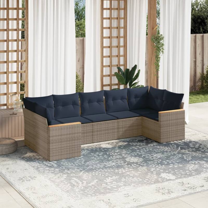 vidaXL 7 Piece Patio Sofa Set with Cushions Grey Poly Rattan - 24.4x 24.4x 27.2