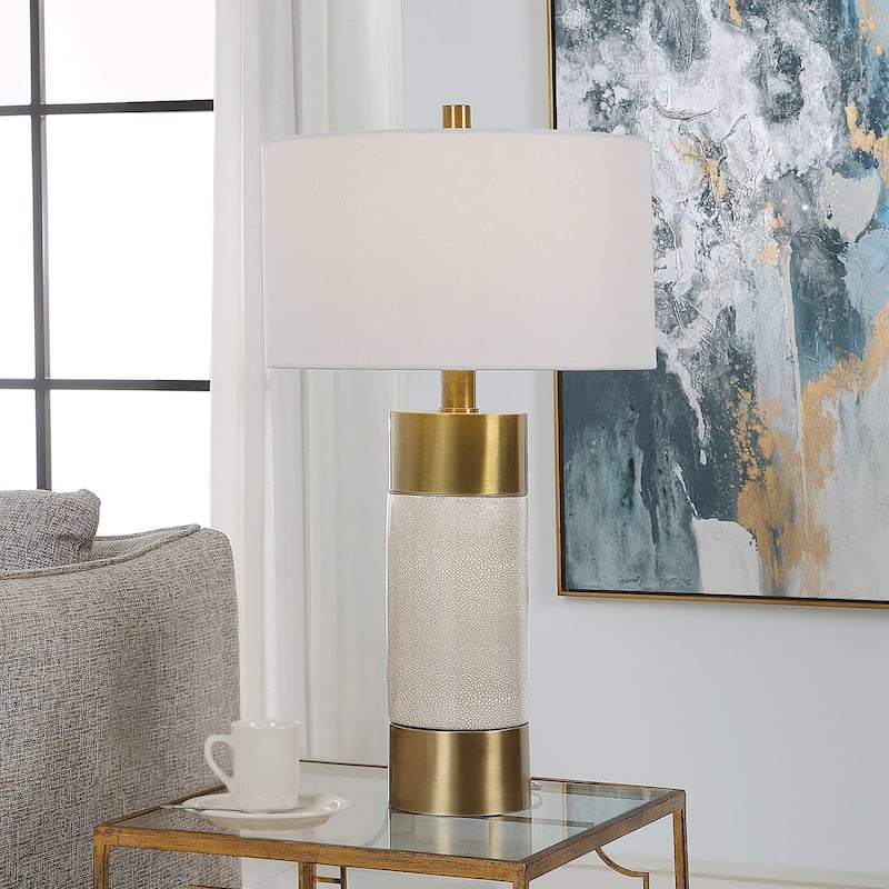 Crackle Glazed Cylindrical Table Lamp with Drum Shade - 30.5" - Cream and Brass