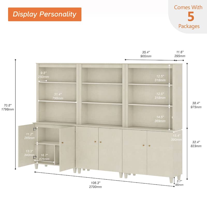 WAMPAT Home Office Furniture Set, 58" Executive Desk with Cabinet, 3-Column 71" Tall Bookcase with Doors and Adjustable Shelves