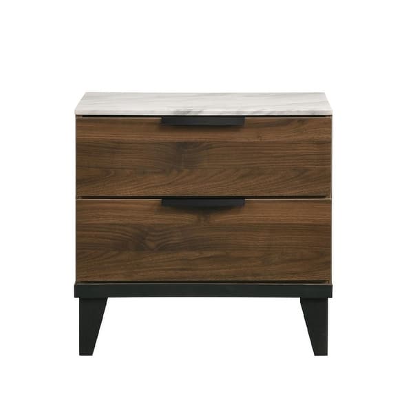 2 Drawers Faux Marble Top Nightstand with Tapered Legs in Walnut and Black Bed Bath & Beyond