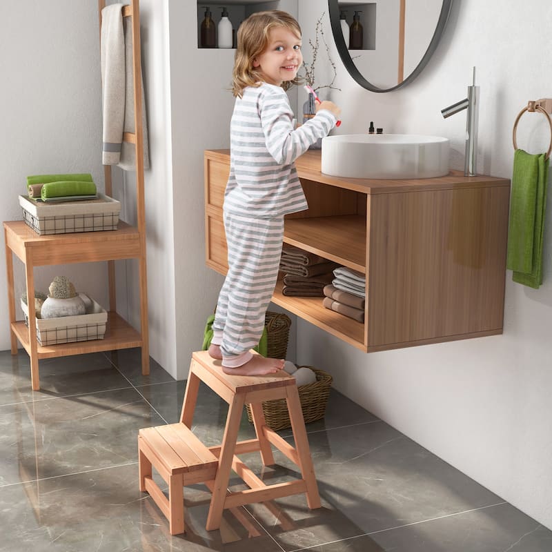 Space-Saving Solid Fir Wood 2-Tier Folding Step Stool Ladder for High Shelves and Plant Display