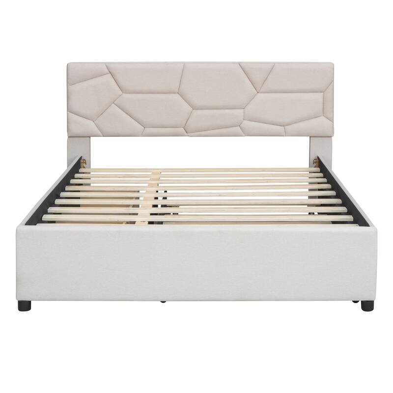 Full/Queen Size Upholstered Platform Bed with Stylish Brick Pattern Headboard, Trundle & 2 Drawers, Linen Fabric Comfort