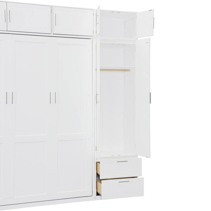 Queen Size Wall Murphy Bed with Top Cabinet & Shelves, Space-Saving Folding Bed Frame with Wardrobe & 2 Drawers