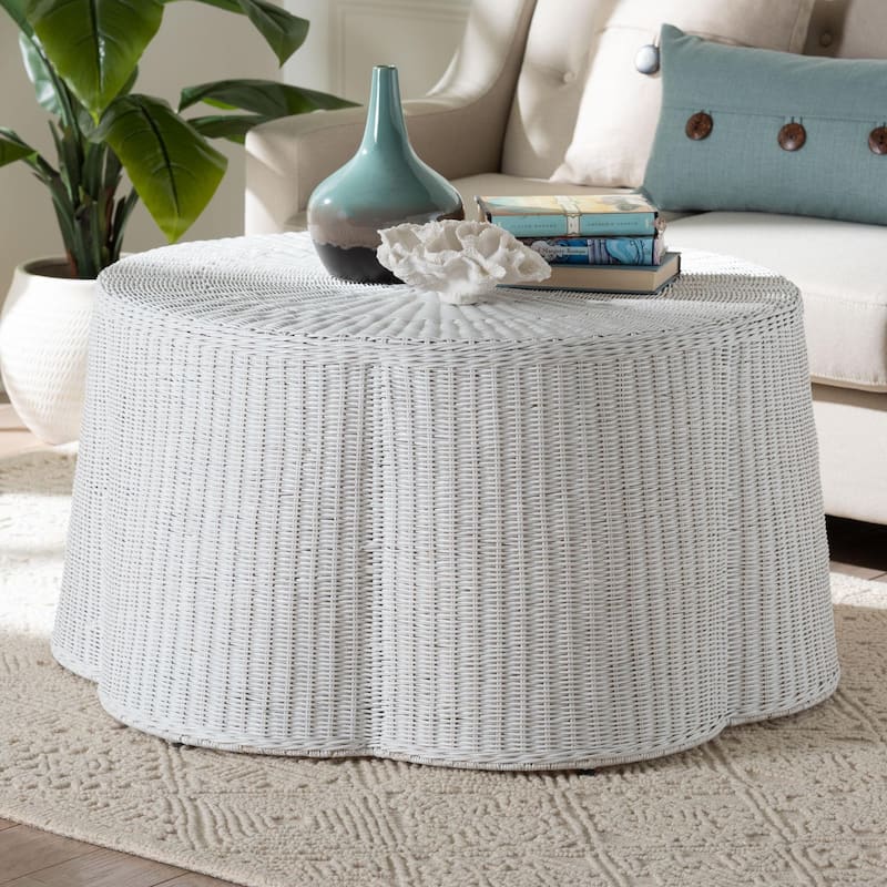 Palm Scalloped Rattan Coffee Table - Handwoven Wicker Round Accent Table for Living Room Patio or Sunroom, Coastal Style