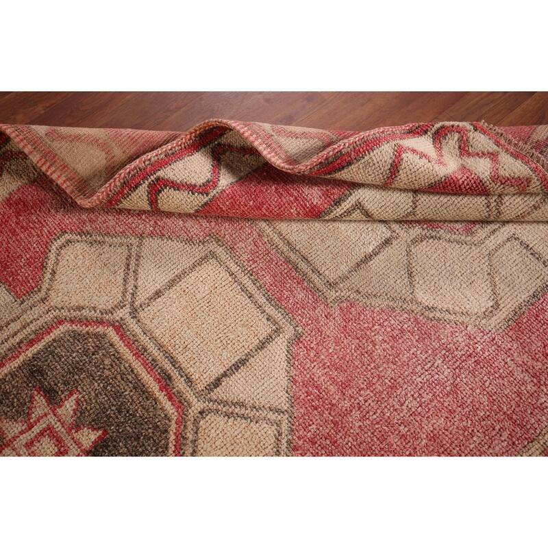 Pink & Red Geometric Anatolian Turkish Runner Rug Handmade Wool Carpet - 3'9"x 12'6"