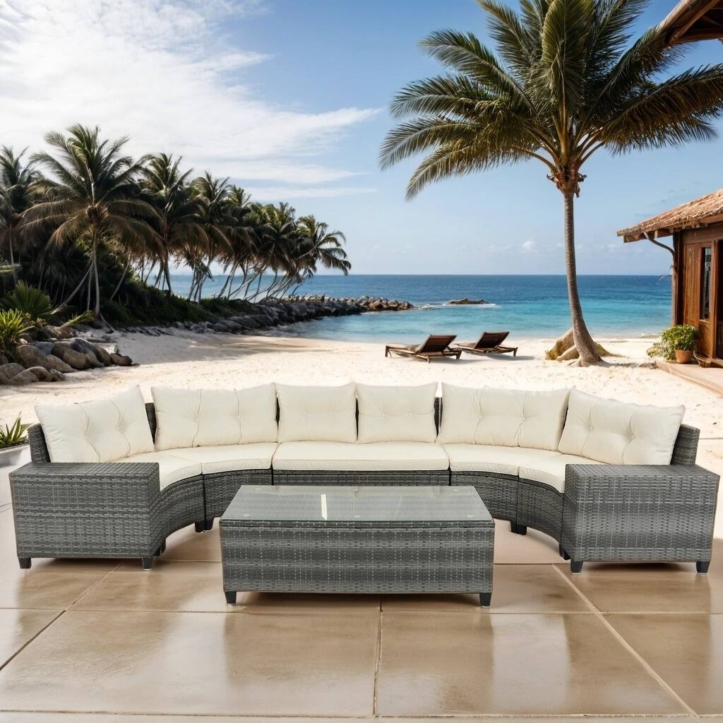 Set of 8 Outdoor Wicker Round Sofa Half-Moon Curved Sectional Set With Coffee Table and Movable Cushion, Beige