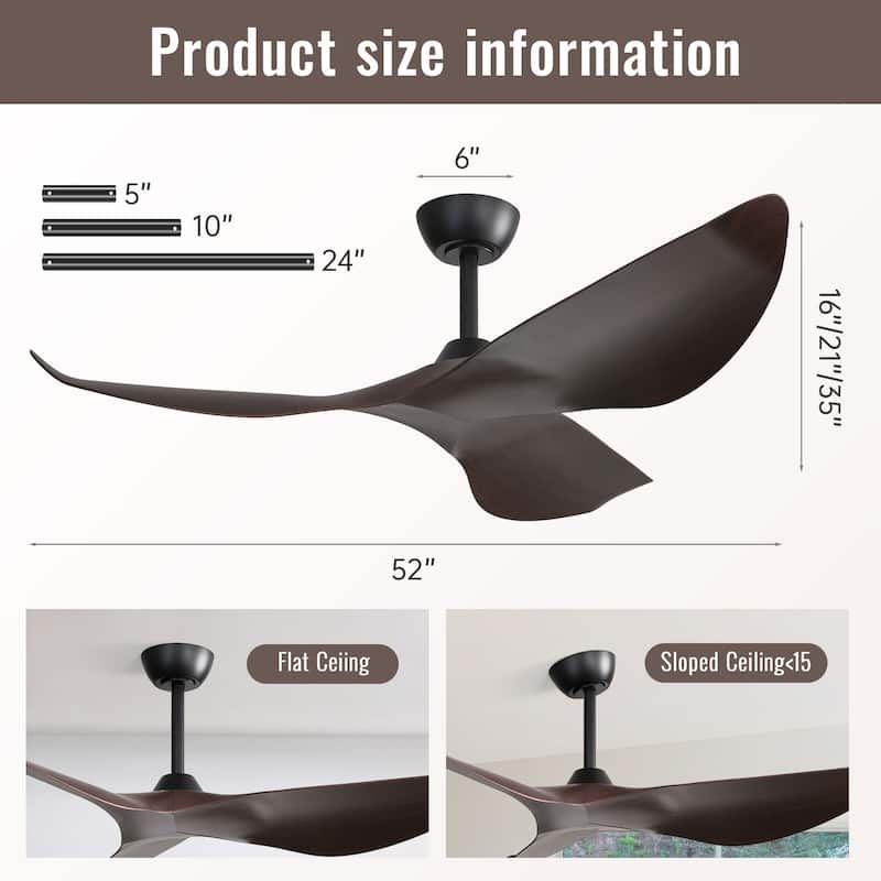 Sofucor 52inch Farmhouse Vintage Ceiling Fan with Wave-shaped curved Blades, Remote Control,Without Light - 52 Inches