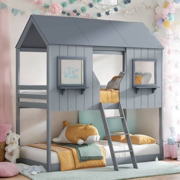 slide 2 of 26, Twin Over Twin Bunk Bed Playhouse Design,Roof, Window, Guardrail, and Ladder Black