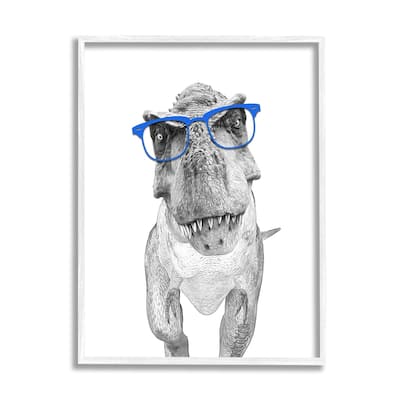 Stupell Adorable Monochrome T-Rex Dinosaur Blue Glasses Illustration by Annalisa Latella Framed Wall Art