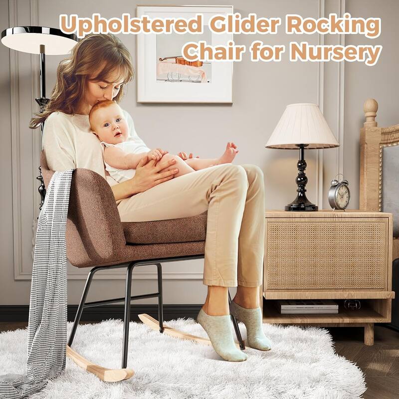 Upholstered Rocking Chair, Glider Chair With Cozy Cushion, Rocking Accent Chair With Rubber Wood Legs