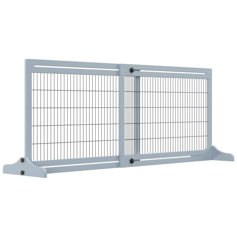 Extra Wide Freestanding Pet Gate with Adjustable Length Barrier, for House, Doorway, Hallway, Natural, Support Feet Included - Gray