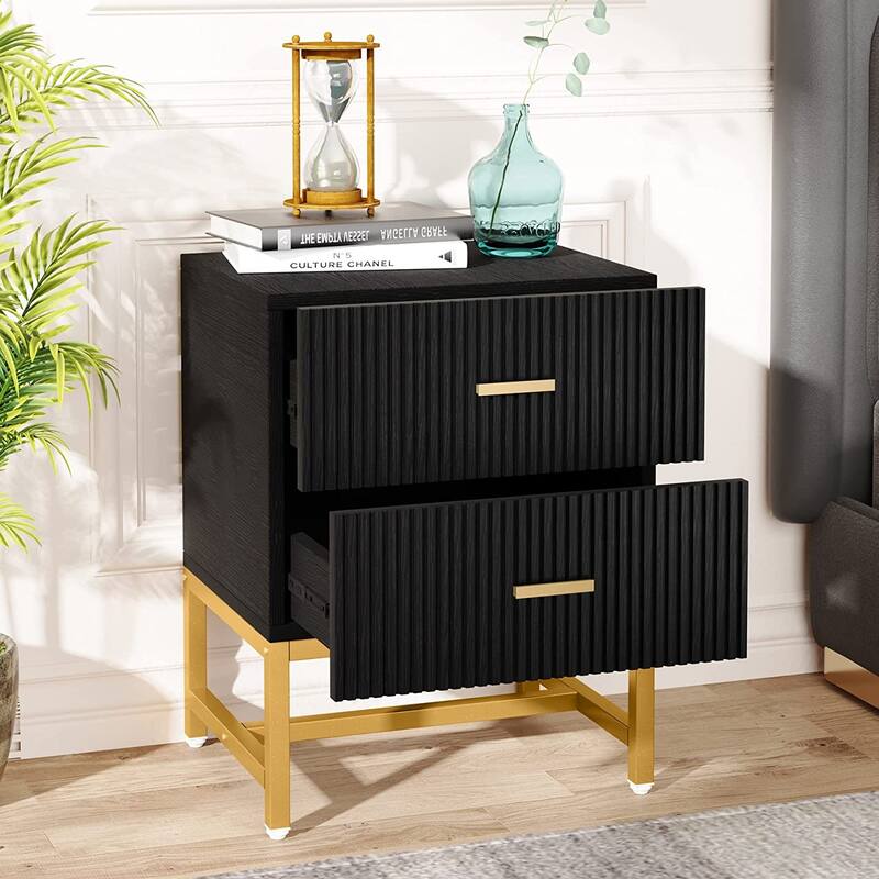 2-Drawer Modern White Nightstand Bed Side Table Storage End Table - Gold/Black - 2-drawer