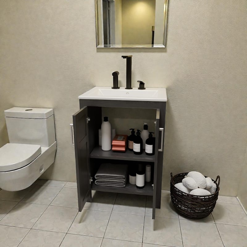 24 Inch Bathroom Vanity with Sink, Black Vanity Cabinet with White Ceramic Sink, Faucet and Pop-Up Drain Set