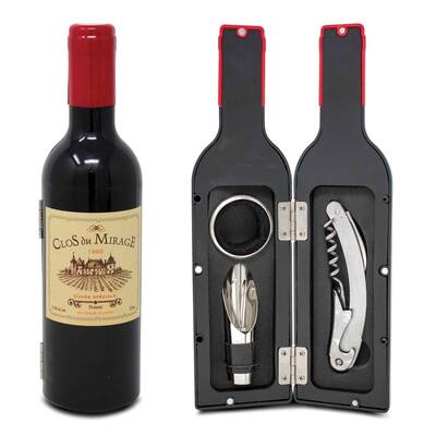 Curata Wine Bottle-Shaped Storage Case 3-Piece Bar Tools - Includes WaiterS Tool Corkscrew Wine Spout Stopper Drip Collar