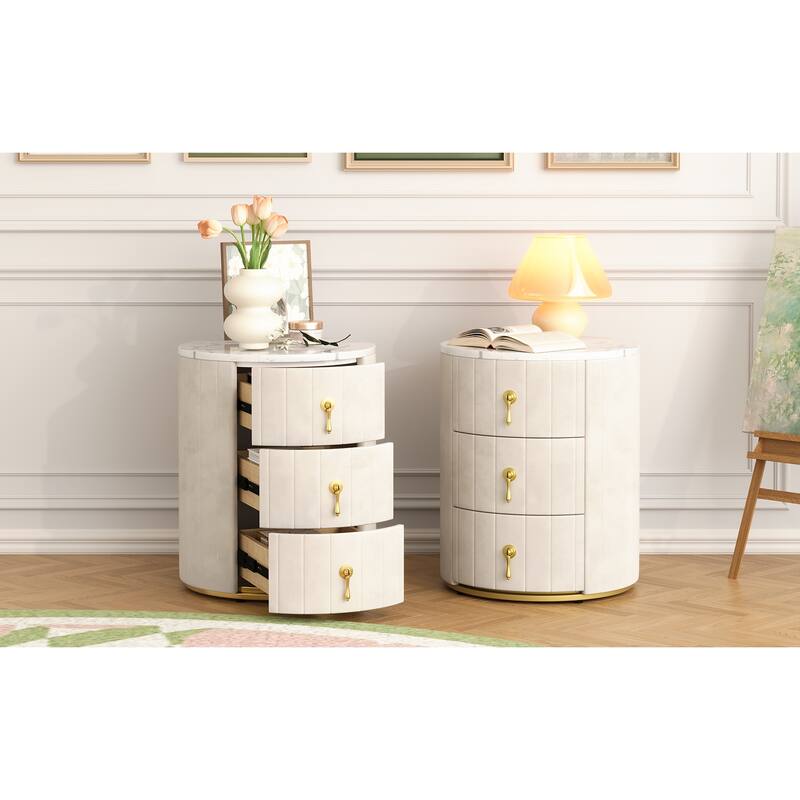 Set of 2 Upholstered 3-Drawer Nightstands - Round Marbling Top Bedside Table (Fully Assembled Except Handles, Beige)