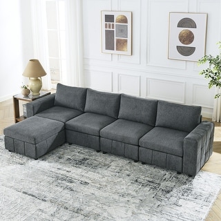 Fabric Upholstered Modular Couch Set L-shape Convertible Sectional Sofa ...