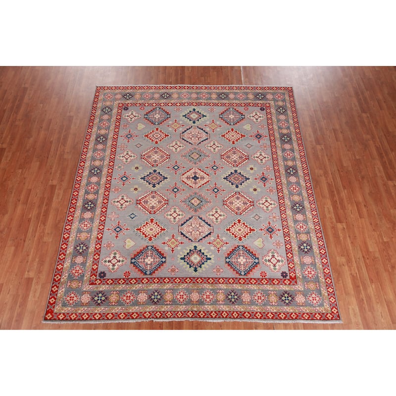 Hand Knotted Oriental 100% Wool Carpet Traditional All-Over Greys & Charcoal Kazak Area Rug - 9' 6'' X 8' 3''