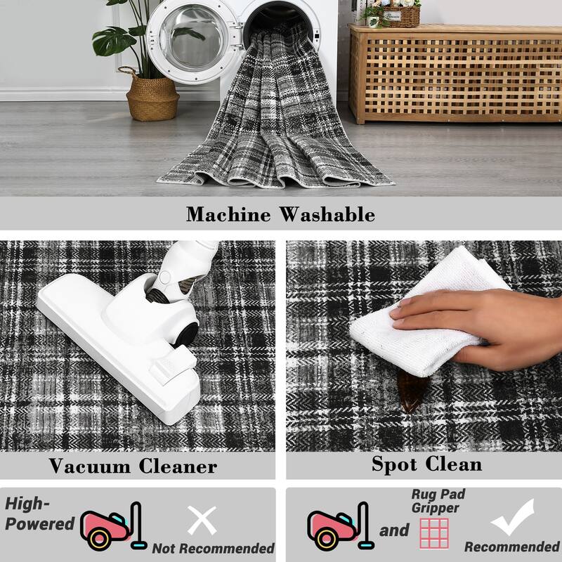 Washable Area Rugs for Living Room Bedroom Modern Plaid Rug Soft Non Slip Low Pile Farmhouse Geometric Rug