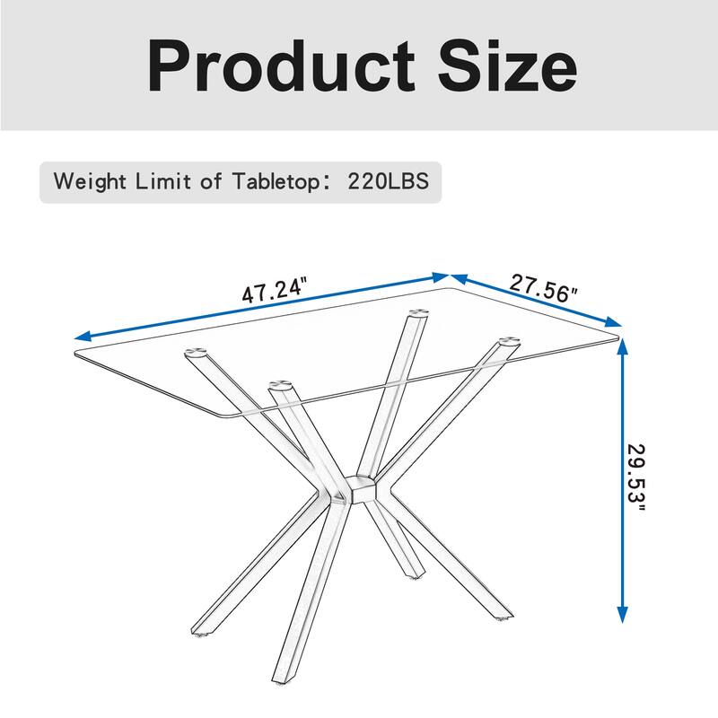 47.24" Rectangular Tempered Glass Dining Table,Stylish Design with Black Metal Legs, Kitchen Table for Dining Room