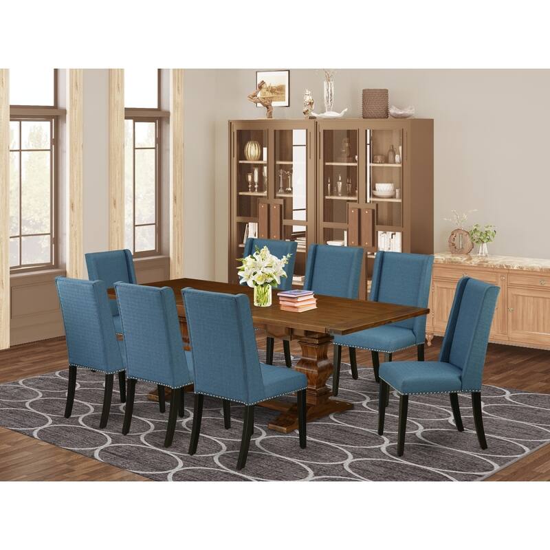9-Piece Dining Set - Linen Fabric Parsons Chairs & Wooden Table - Antique Walnut & Black Finish - 92
