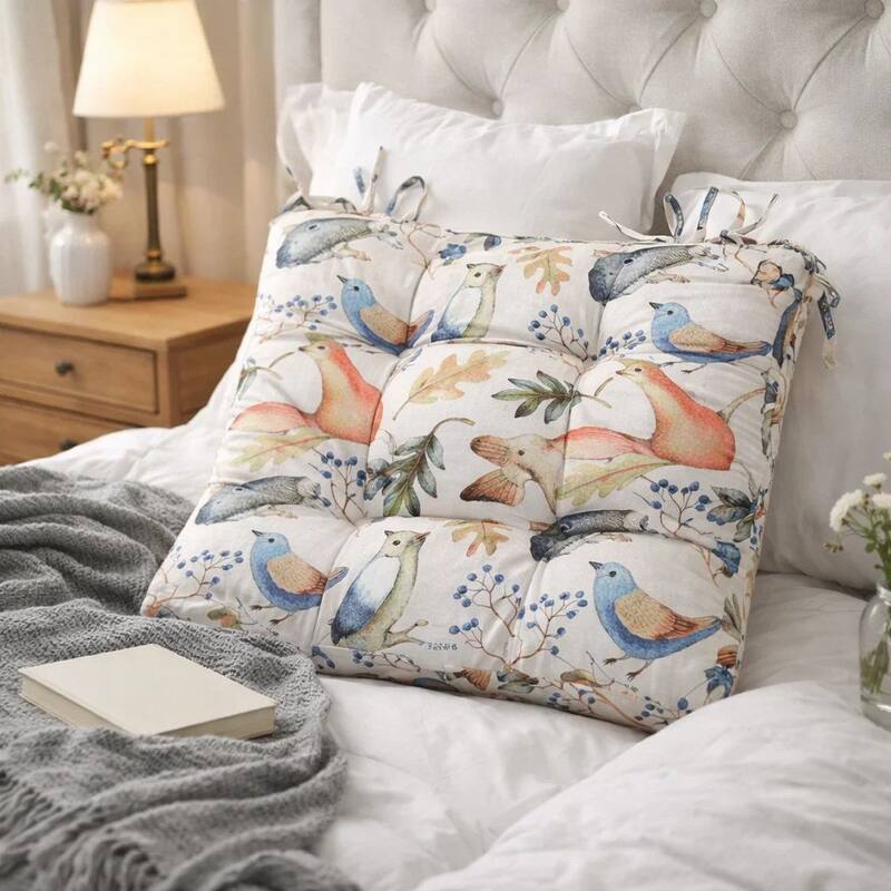 18 x 18 Microfiber Chair Pad Cushions, Owls, Autumn Leaves, Set of 4, White