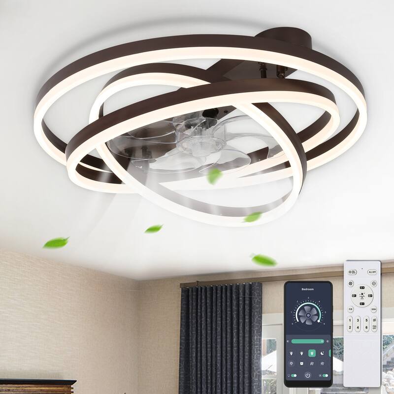 24" Oaks Aura DIY Shade Modern Black Low Profile Ceiling Fan with Light, Smart App Control Flush Mount Ceiling Fan with Remote