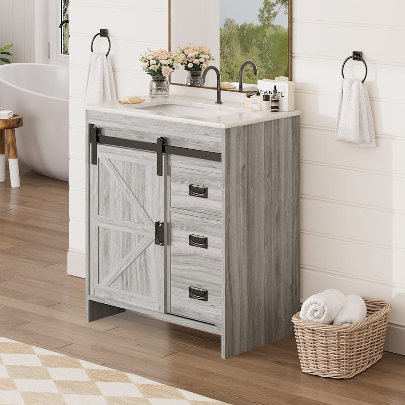 EROMMY Farmhouse Bathroom Vanity with Ceramic Top and Sliding Barn Door Sink Cabinet, Rustic Single Sink Vanity