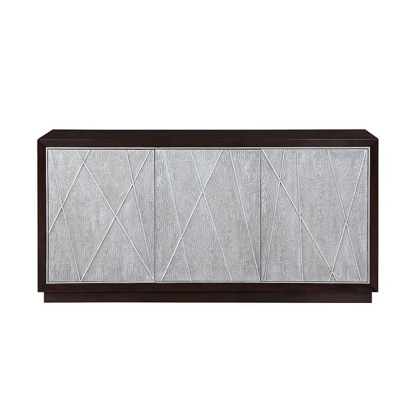 slide 2 of 5, Wooden Console Cabinet with 3 Handle-Free Doors in Metallic Silver and Walnut Metallic Silver/Walnut