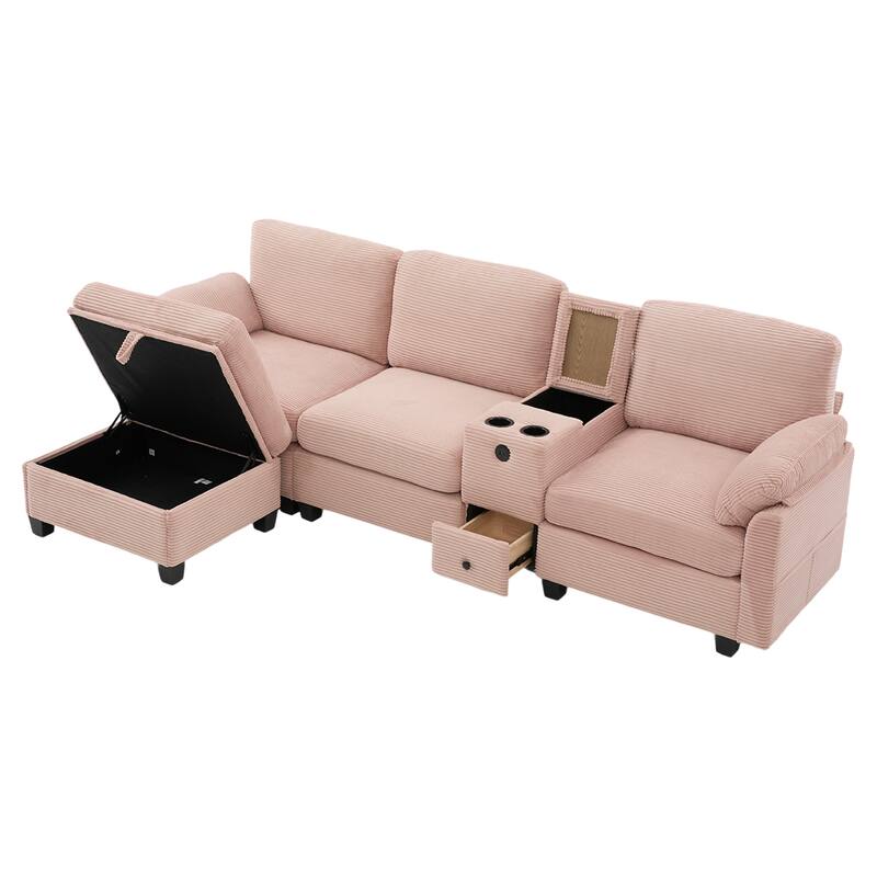 HOMEFUN Corduroy Upholstered L-Shaped 4-seater Storage Multifunctional Sectional Sofa with Storage Ottoman,Cup Holder and USB