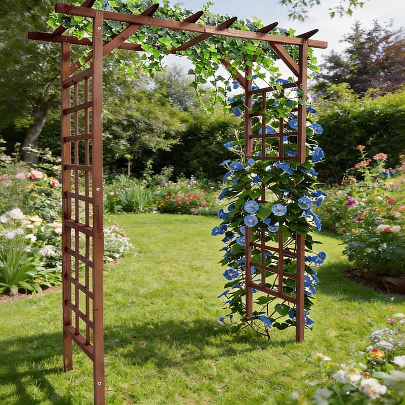 85-Inch Wooden Garden Arbor with Flat Top Sturdy Fir Wood Pergola Trellis for Climbing Plants Teak - Tan