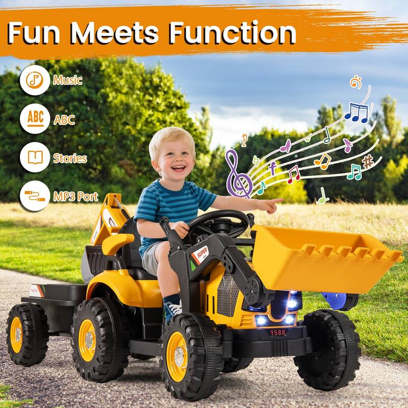 Gymax 4 in 1 Ride on Tractor Excavator & Bulldozer for Kids Trailer