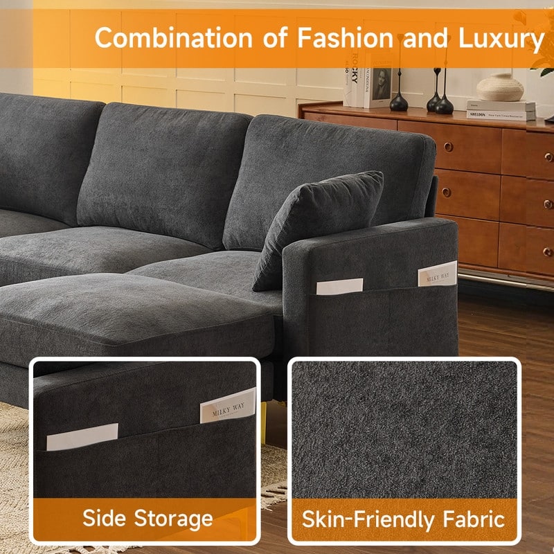 100'' W Gold Leg Square Arm Sofa with 2 Ottomans