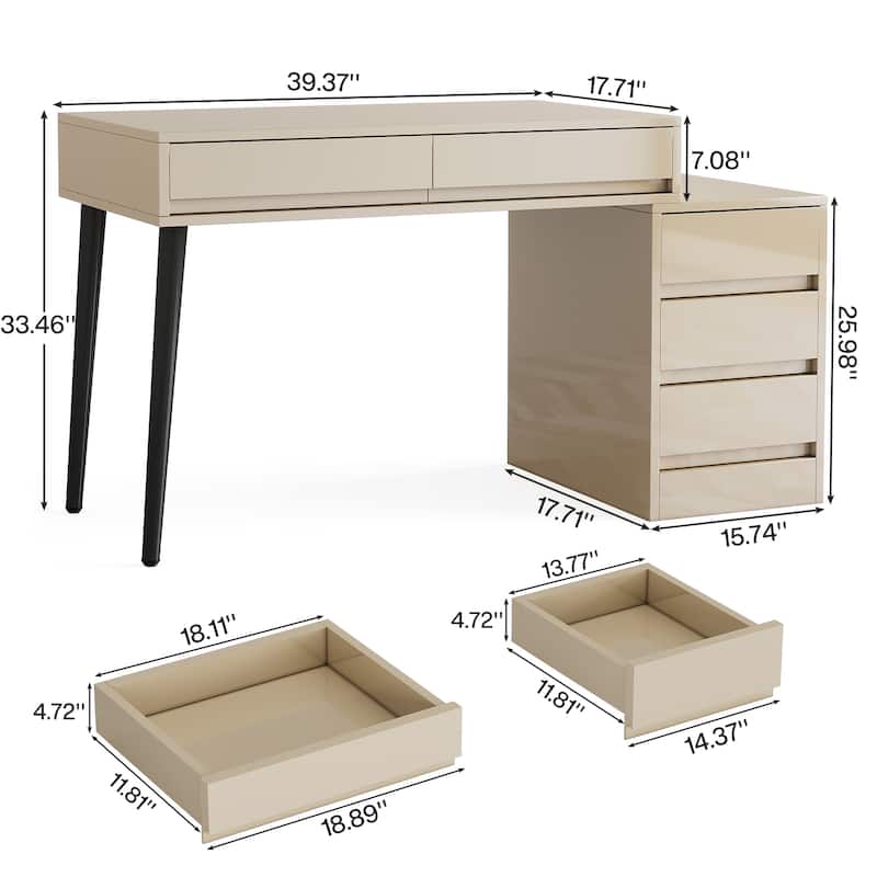 Reversible Vanity Desk with 5 Drawers, Glossy White Dressing Table