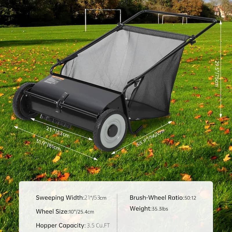 21 Inch Manual Push Lawn Sweeper, 3.5 Cu. Ft. Hopper Capacity Grass Sweeper for Grass Clippings, Leaves, Garden