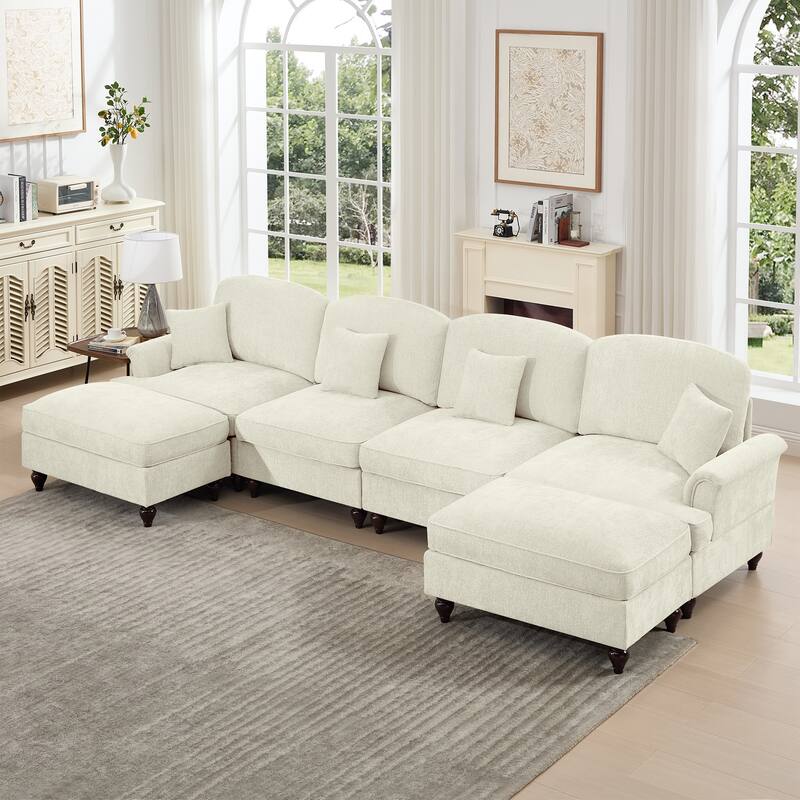 GDFStudio - Classic U-Shaped Chenille 4-Seater 137.8" Sectional Sofa with Ottomans