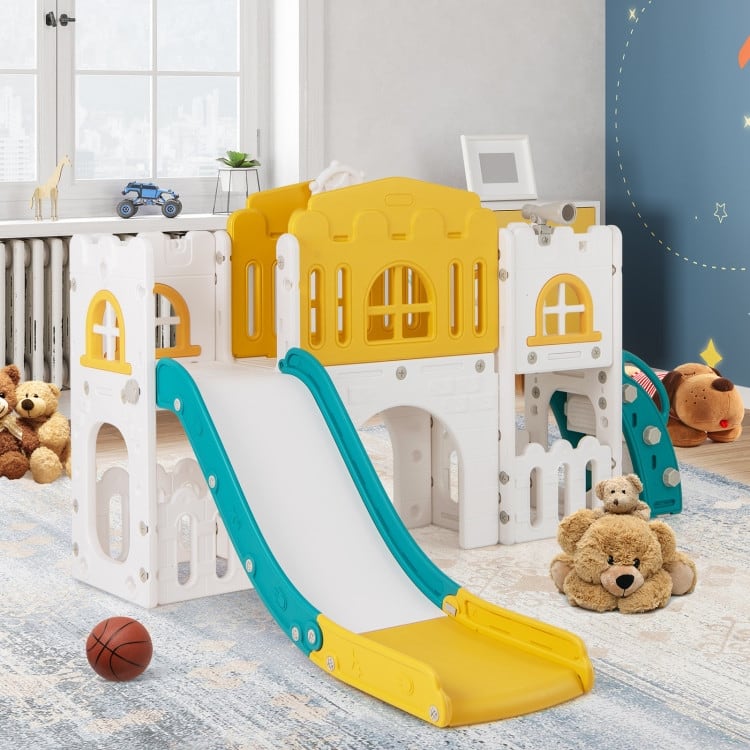 Yellow-Green-White HDPE Kids Slide Set with Climber, Tunnel and Hoop - 69.5" x 70" x 40.5" (L x W x H)