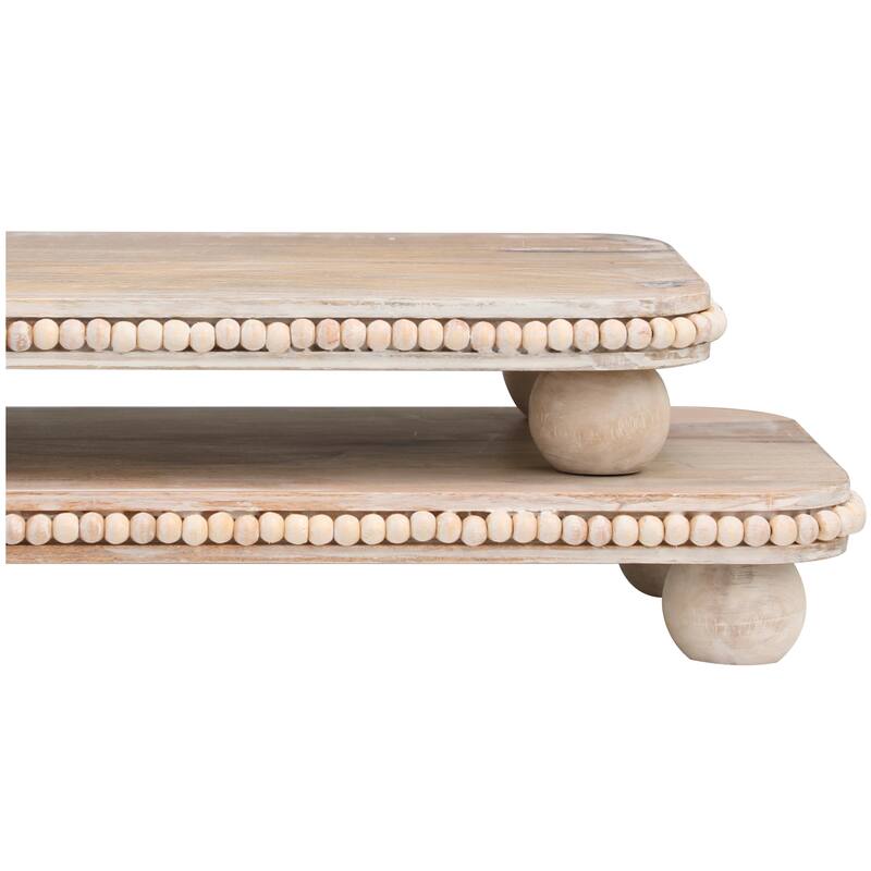 Light Brown Mango Wood Beaded Living Room Decor Tray with Large Ball Feet (Set of 2) - 23", 18"W