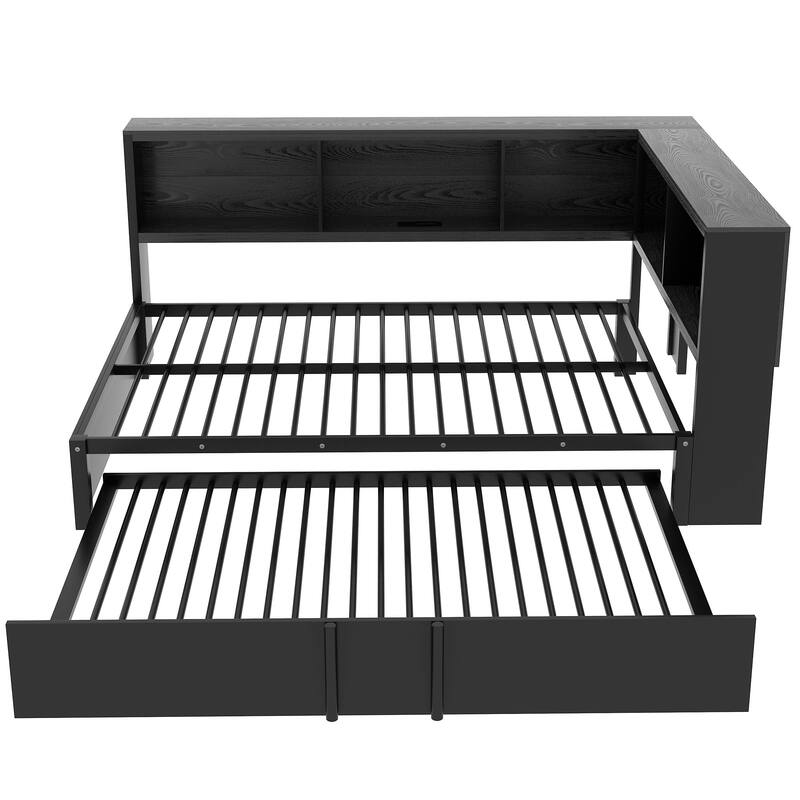 Full Size Metal Daybed with Trundle, Storage Cabinets, and USB Ports in Black