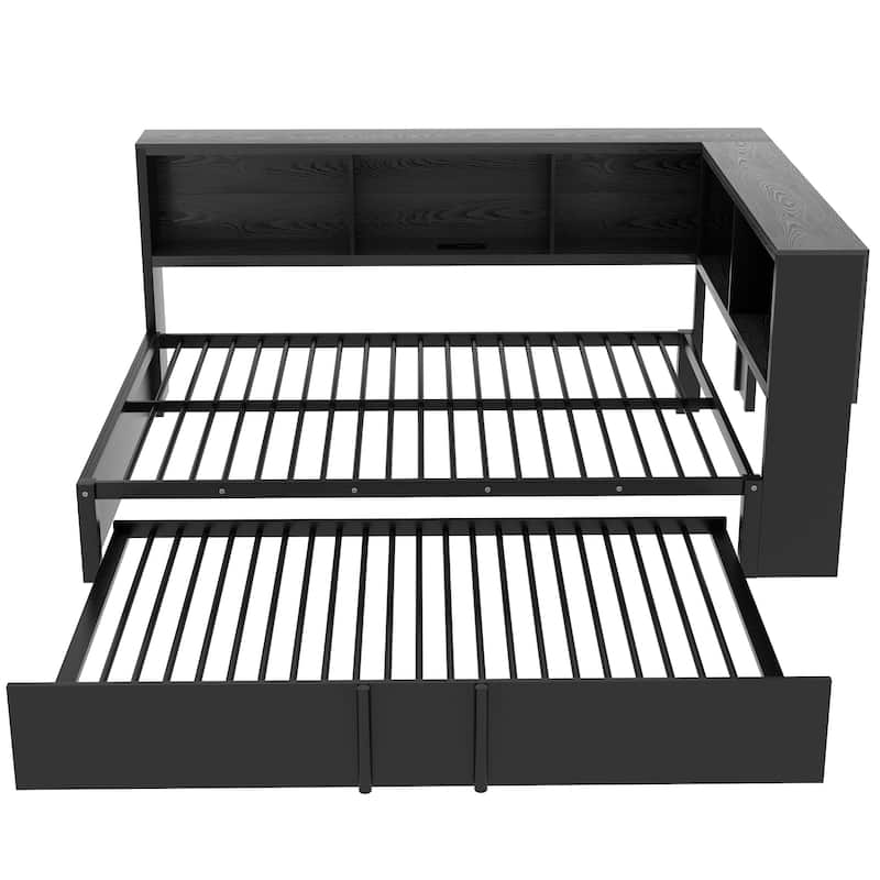 Full Size Metal Daybed with Trundle, Storage Cabinets and USB Ports for Bedroom